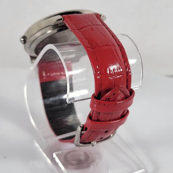 Red Crystal Bezel Quartz Watch with Leather Strap, Analog Display, 40mm Case - Picture 13 of 16